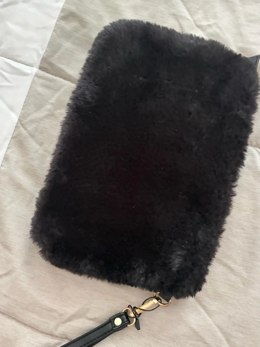 XOXO Black Fur Wristlet Clutch with Embroidered Logo